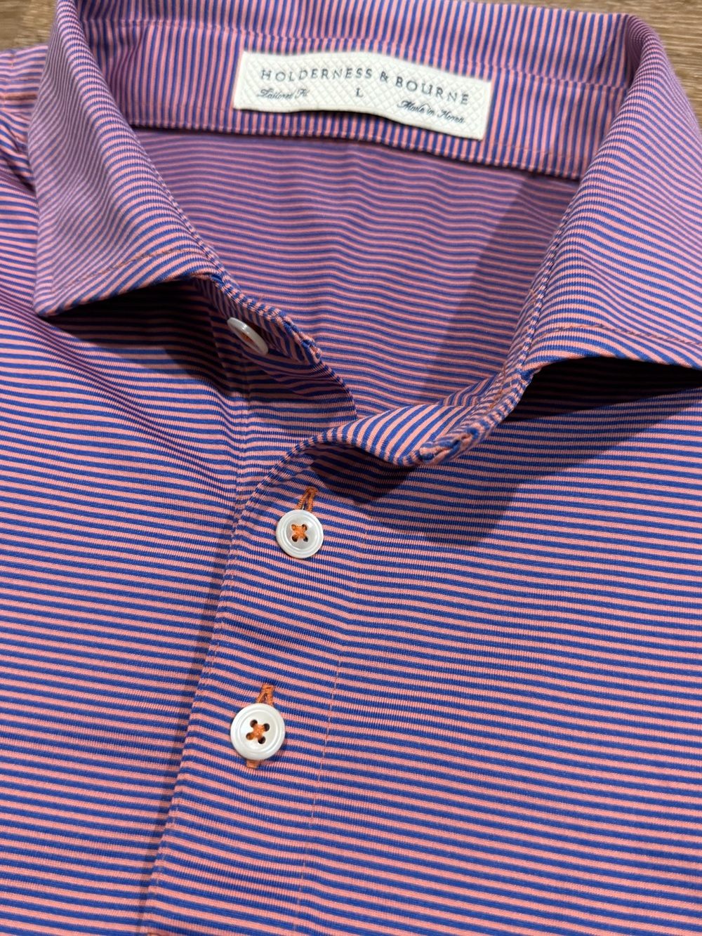 Holderness & Bourne Perkins Polo L Blue Pink Stripe Golf Performance HB2002